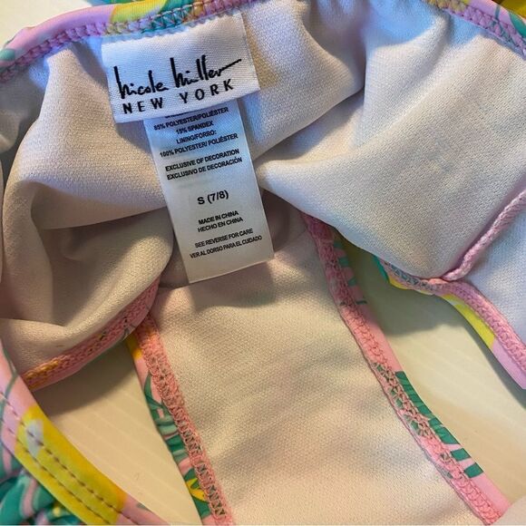 Nicole Miller 2 PC Tropical Pink Green Pom Pom Bikini Swimsuit UPF 50 Girl S 7/8 - Picture 10 of 10